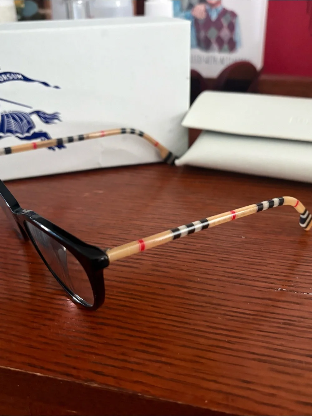 Burberry Black Cat-Eye Glasses with Signature Check Temples-lenses not included